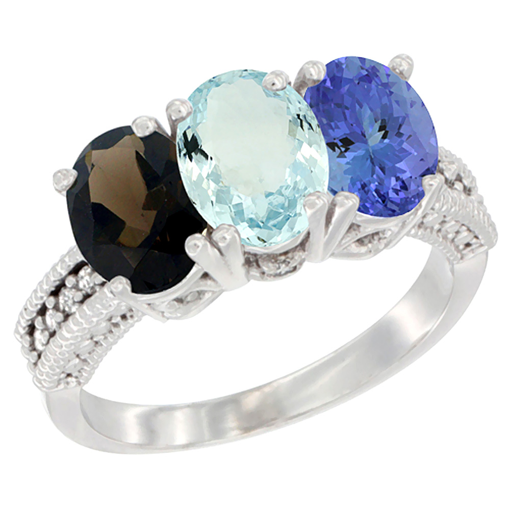 10K White Gold Natural Smoky Topaz, Aquamarine & Tanzanite Ring 3-Stone Oval 7x5 mm Diamond Accent, sizes 5 - 10