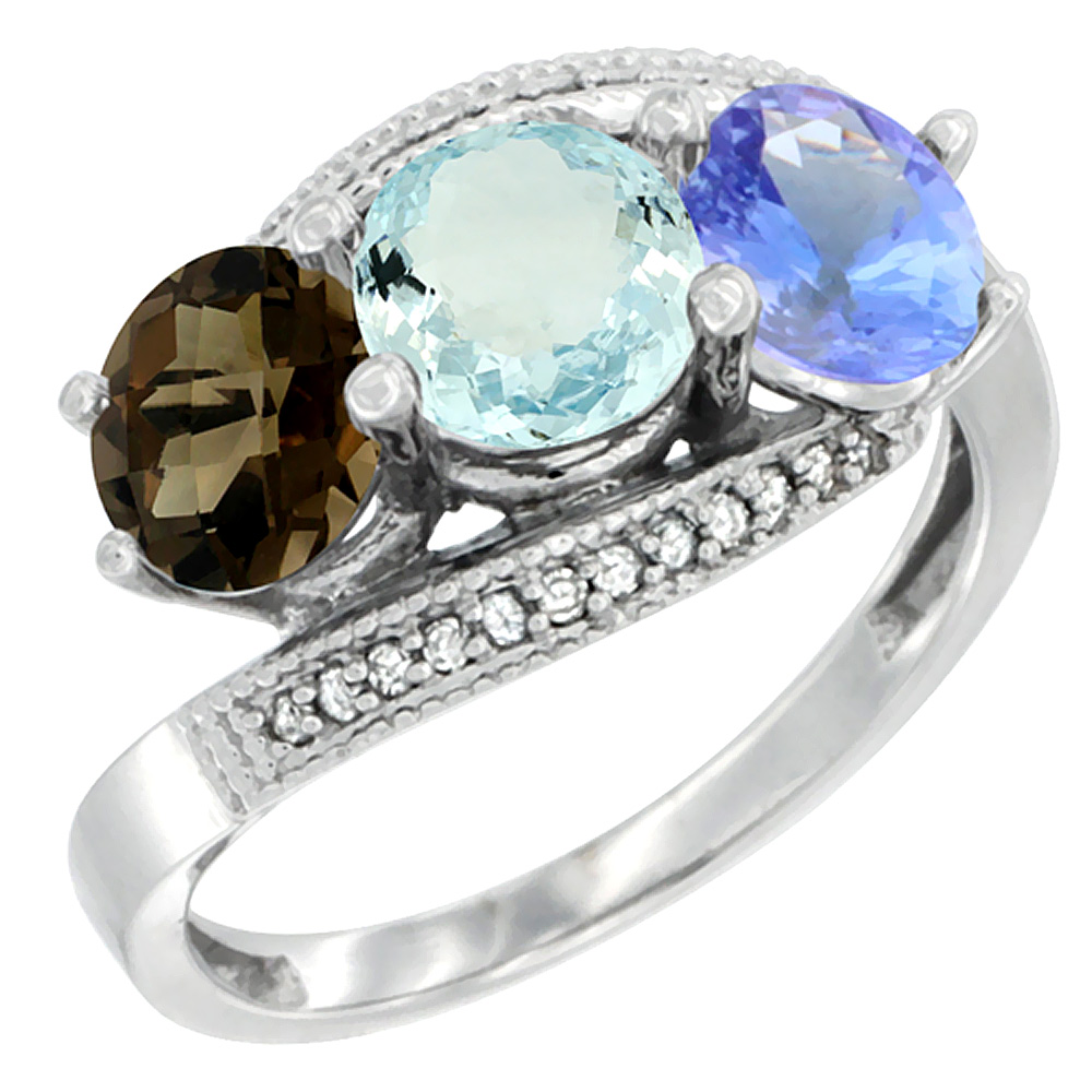 10K White Gold Natural Smoky Topaz, Aquamarine & Tanzanite 3 stone Ring Round 6mm Diamond Accent, sizes 5 - 10