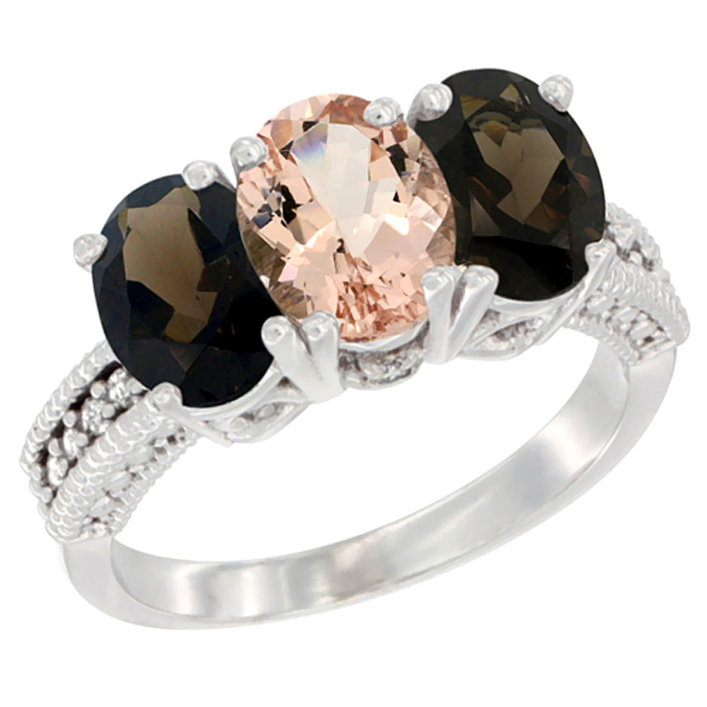 10K White Gold Natural Morganite & Smoky Topaz Sides Ring 3-Stone Oval 7x5 mm Diamond Accent, sizes 5 - 10