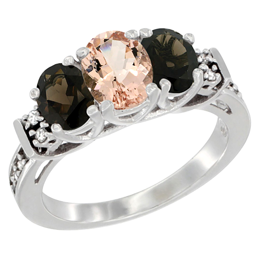 14K White Gold Natural Morganite & Smoky Topaz Ring 3-Stone Oval Diamond Accent, sizes 5-10