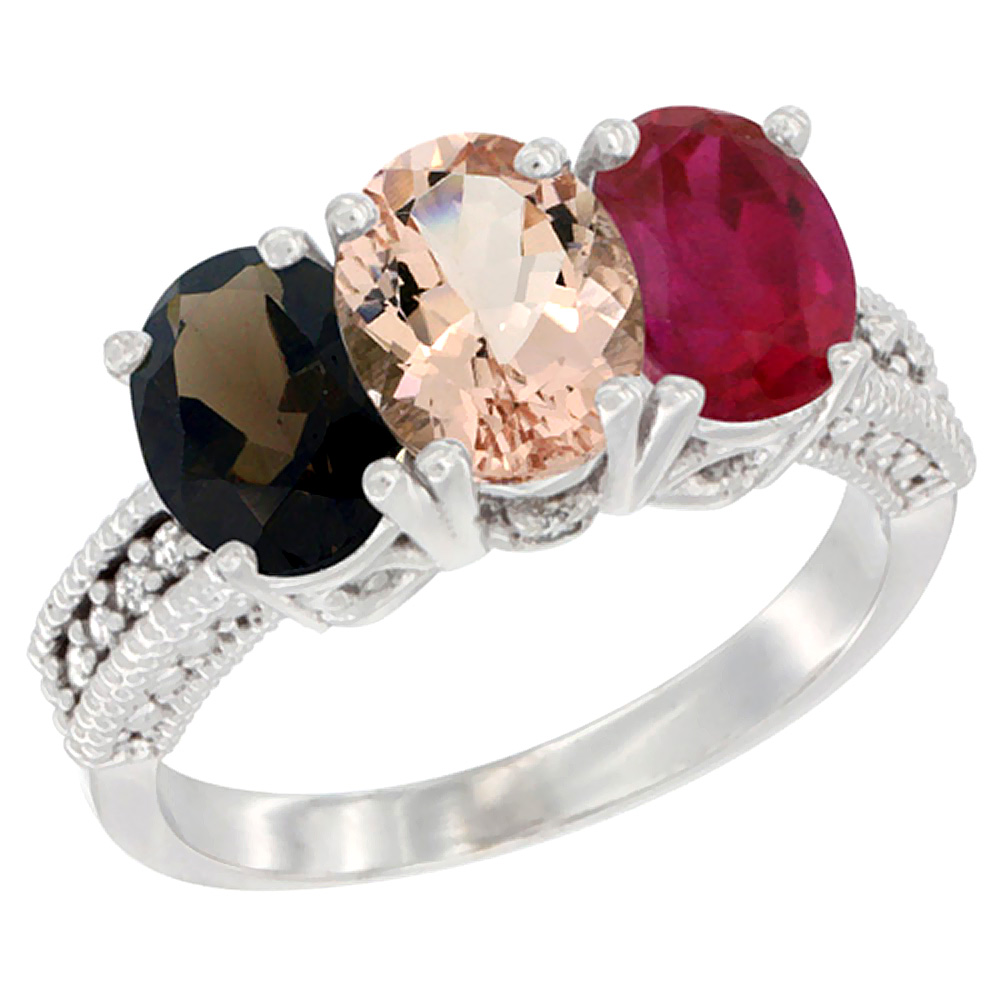 14K White Gold Natural Smoky Topaz, Morganite & Enhanced Ruby Ring 3-Stone 7x5 mm Oval Diamond Accent, sizes 5 - 10