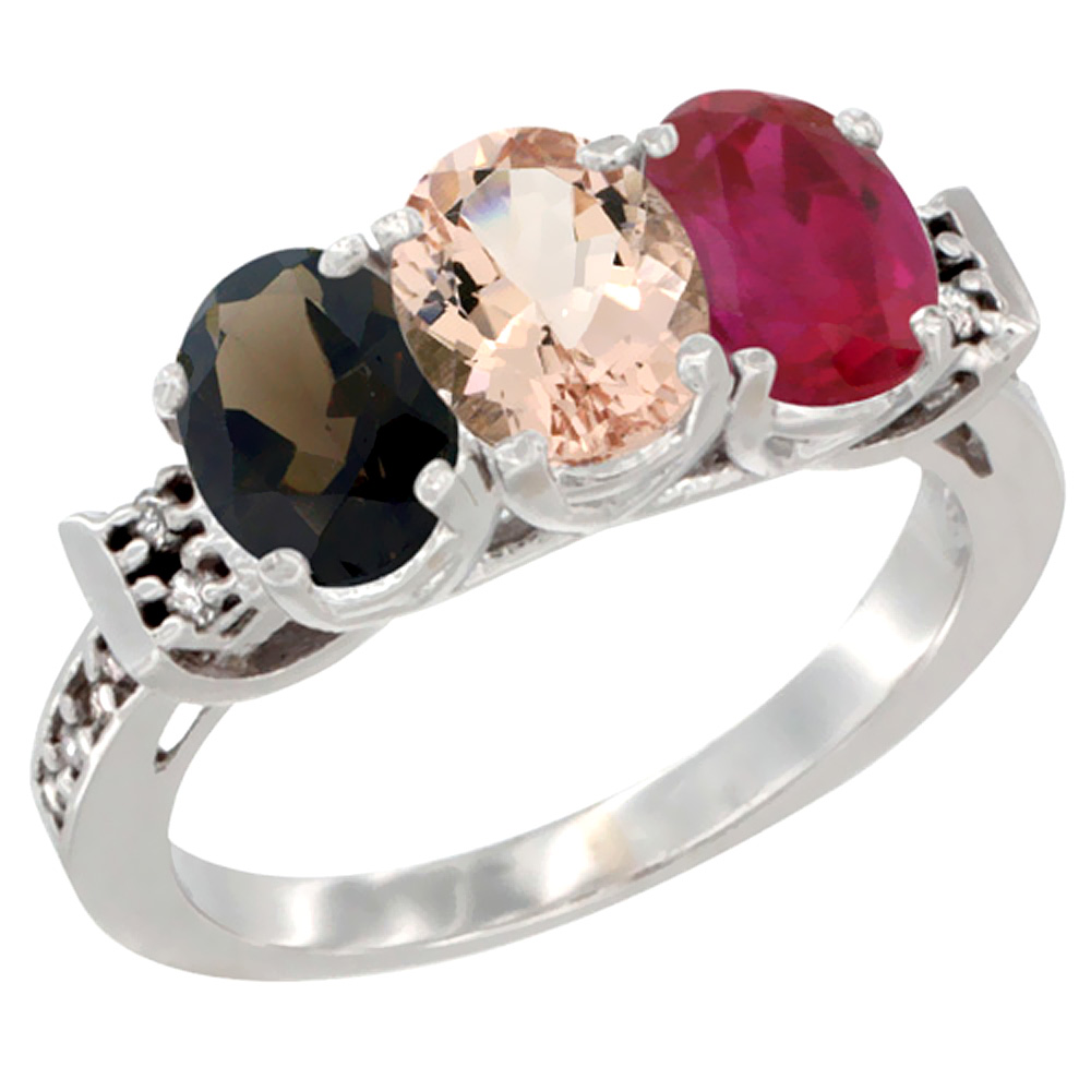 10K White Gold Natural Smoky Topaz, Morganite & Enhanced Ruby Ring 3-Stone Oval 7x5 mm Diamond Accent, sizes 5 - 10