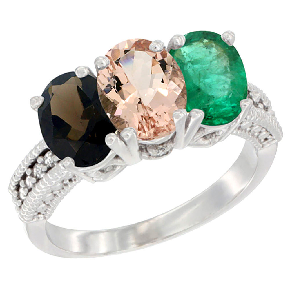 10K White Gold Natural Smoky Topaz, Morganite & Emerald Ring 3-Stone Oval 7x5 mm Diamond Accent, sizes 5 - 10