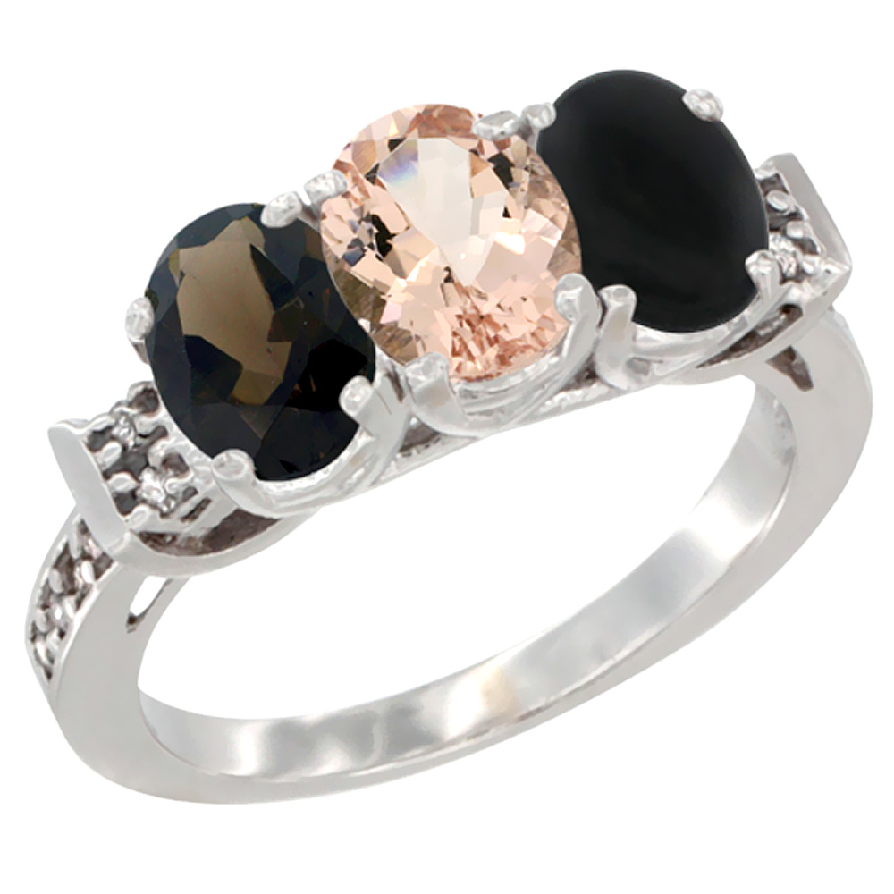 14K White Gold Natural Smoky Topaz, Morganite &amp; Black Onyx Ring 3-Stone Oval 7x5 mm Diamond Accent, sizes 5 - 10