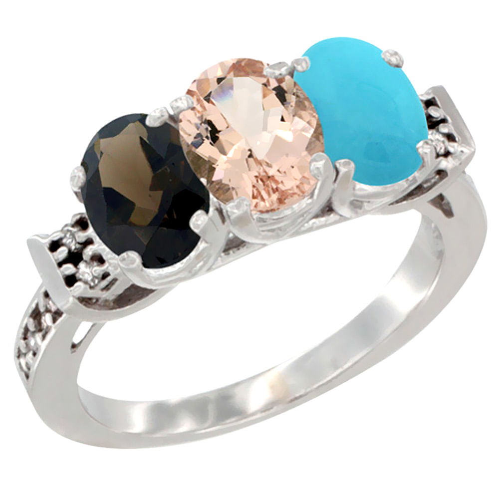 10K White Gold Natural Smoky Topaz, Morganite & Turquoise Ring 3-Stone Oval 7x5 mm Diamond Accent, sizes 5 - 10