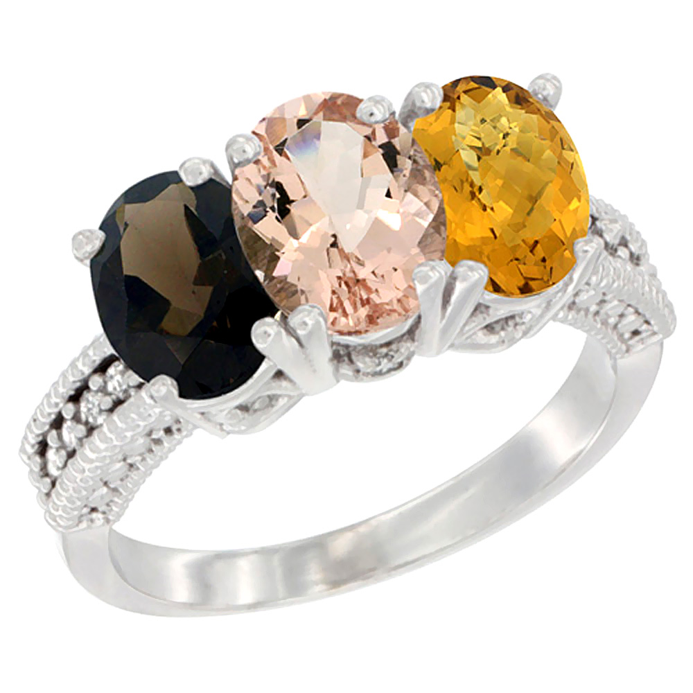 10K White Gold Natural Smoky Topaz, Morganite & Whisky Quartz Ring 3-Stone Oval 7x5 mm Diamond Accent, sizes 5 - 10