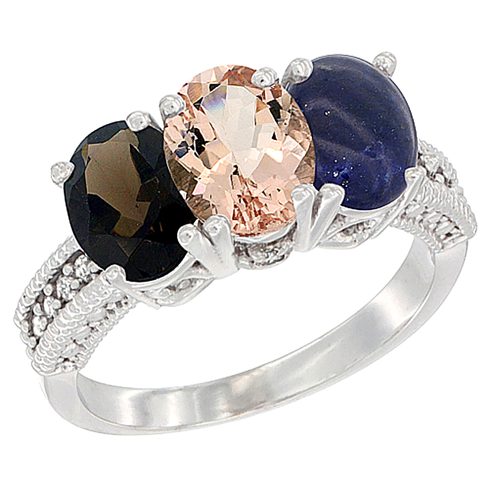 14K White Gold Natural Smoky Topaz, Morganite & Lapis Ring 3-Stone 7x5 mm Oval Diamond Accent, sizes 5 - 10