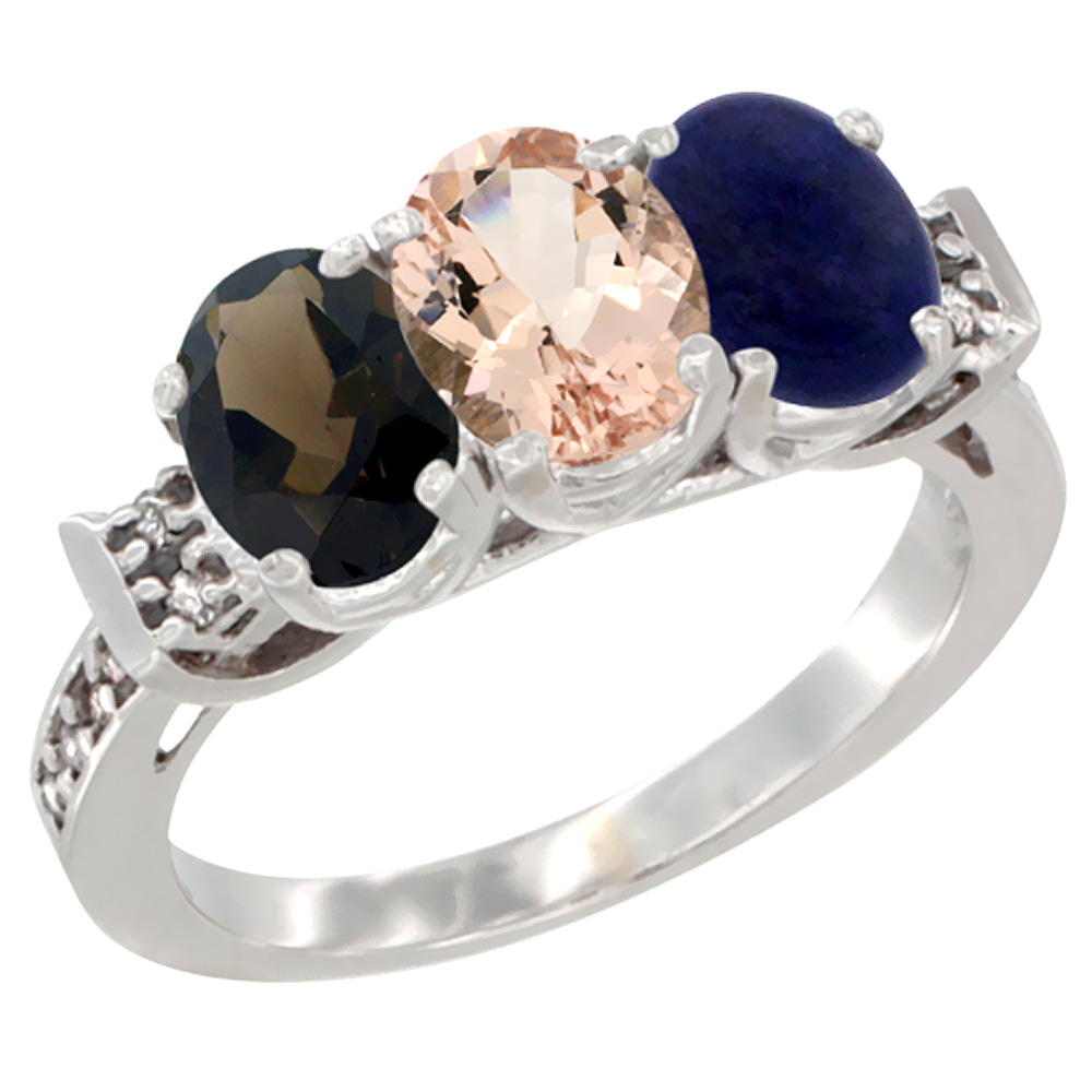 10K White Gold Natural Smoky Topaz, Morganite & Lapis Ring 3-Stone Oval 7x5 mm Diamond Accent, sizes 5 - 10