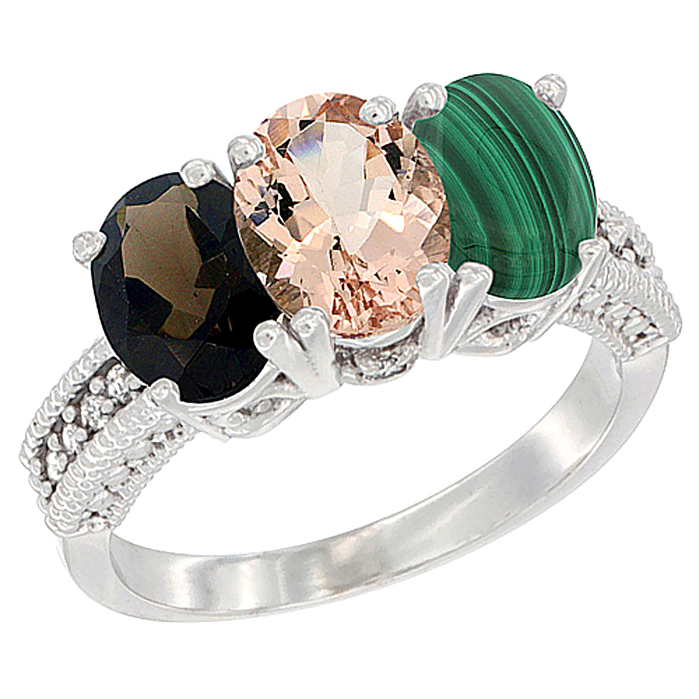 14K White Gold Natural Smoky Topaz, Morganite & Malachite Ring 3-Stone 7x5 mm Oval Diamond Accent, sizes 5 - 10