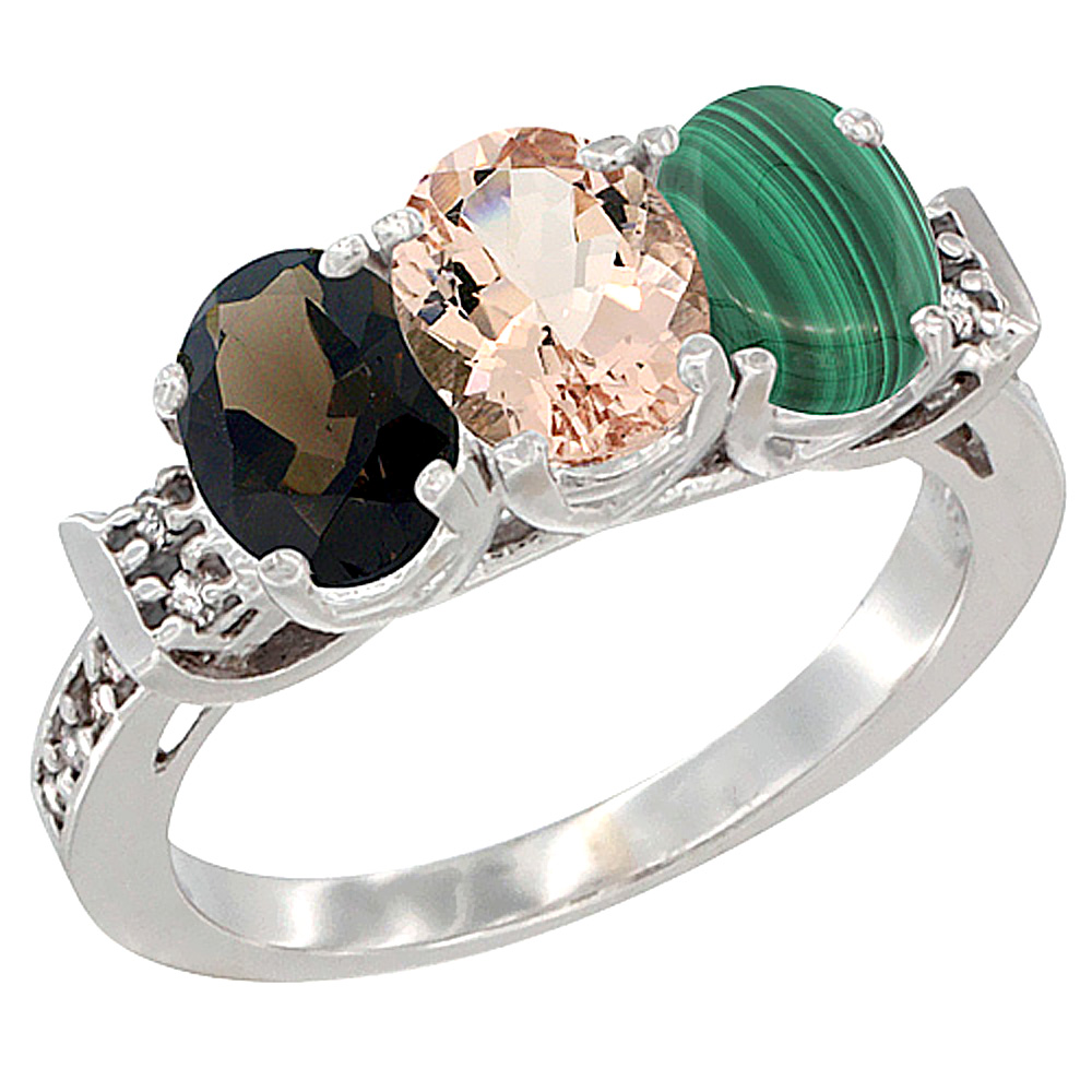 10K White Gold Natural Smoky Topaz, Morganite & Malachite Ring 3-Stone Oval 7x5 mm Diamond Accent, sizes 5 - 10