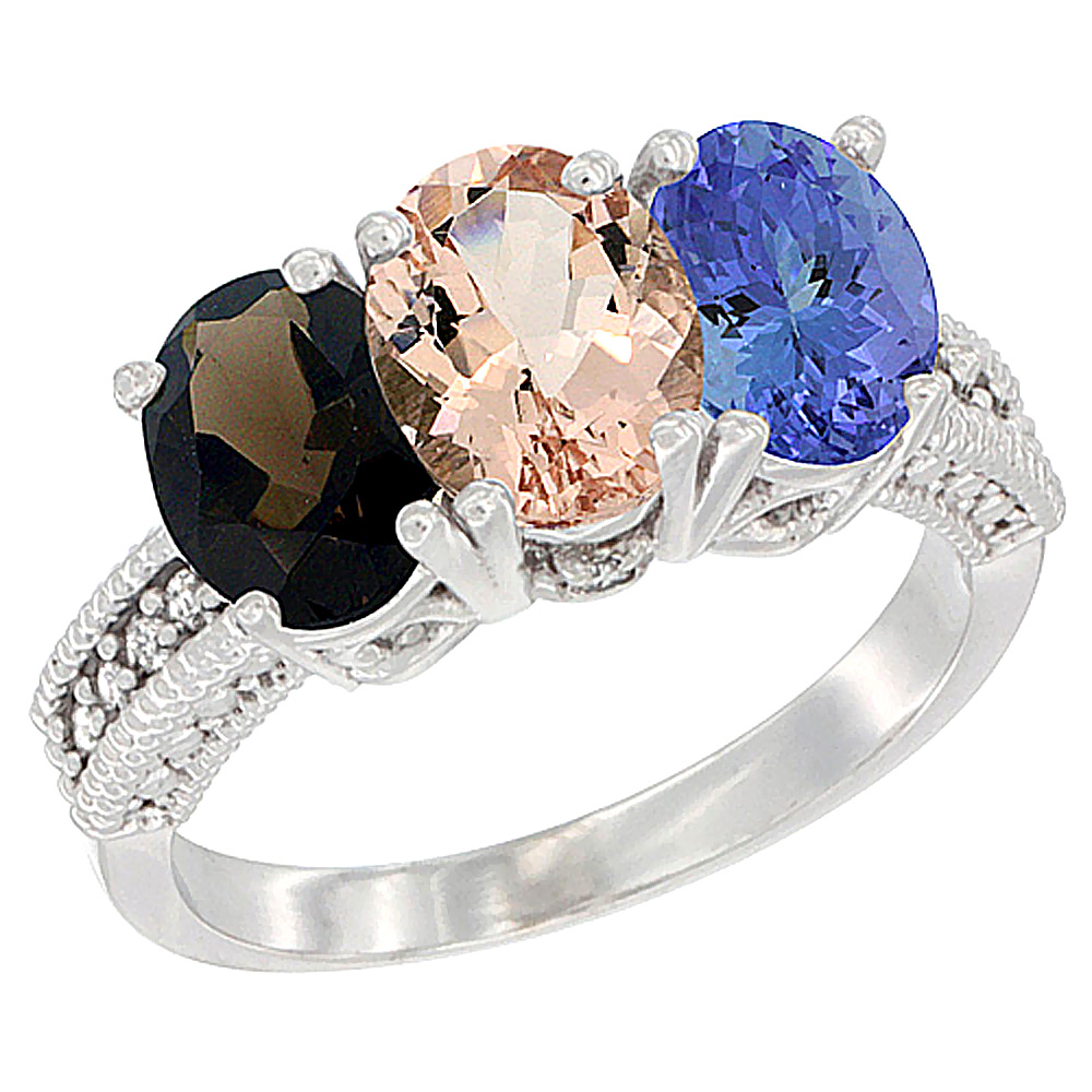 10K White Gold Natural Smoky Topaz, Morganite & Tanzanite Ring 3-Stone Oval 7x5 mm Diamond Accent, sizes 5 - 10