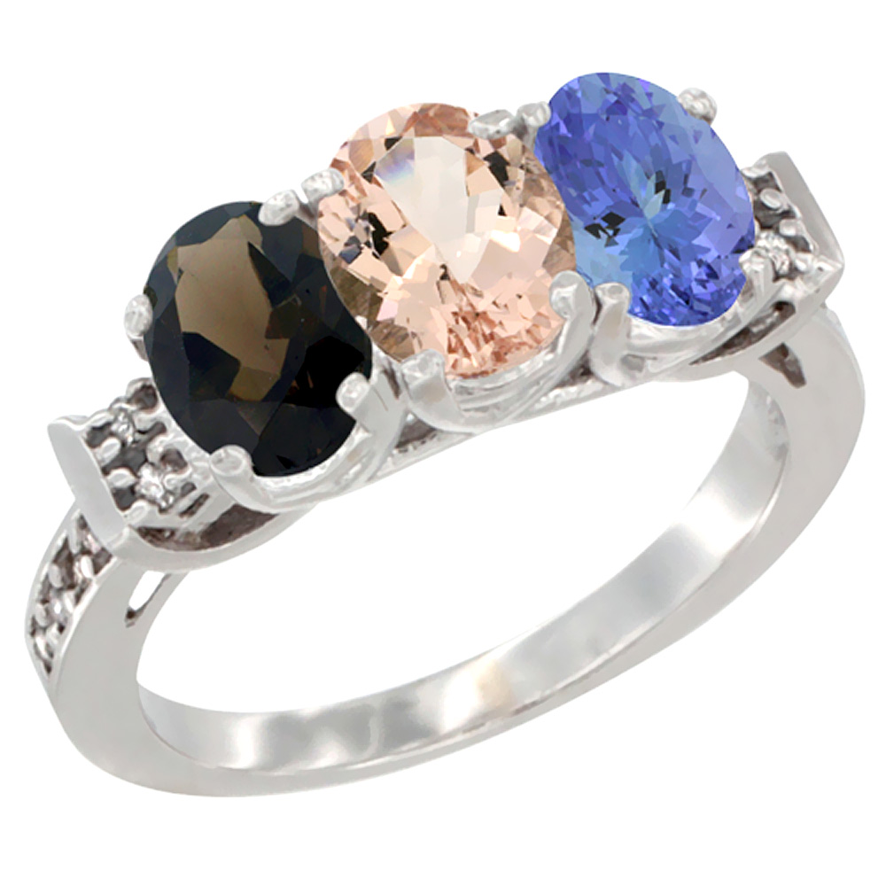 10K White Gold Natural Smoky Topaz, Morganite & Tanzanite Ring 3-Stone Oval 7x5 mm Diamond Accent, sizes 5 - 10