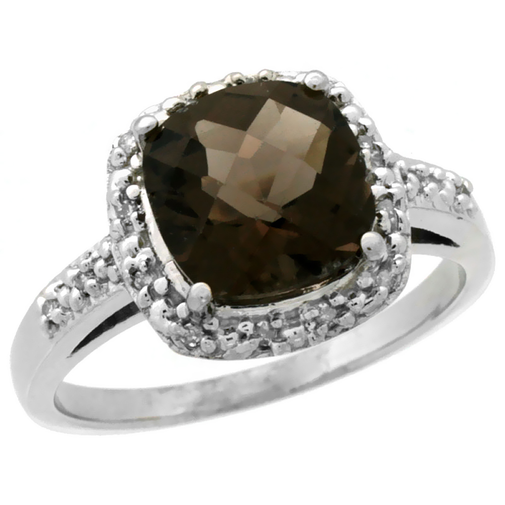 14K White Gold Diamond Natural Smoky Topaz Ring Cushion-cut 8x8 mm, sizes 5-10