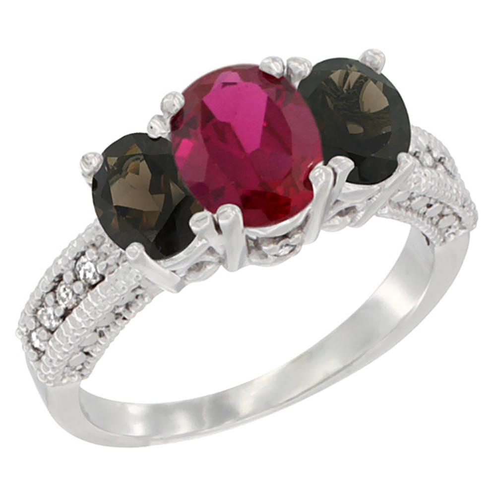 14K White Gold Diamond Quality Ruby 7x5mm & 6x4mm Smoky Topaz Oval 3-stone Mothers Ring,size 5 - 10