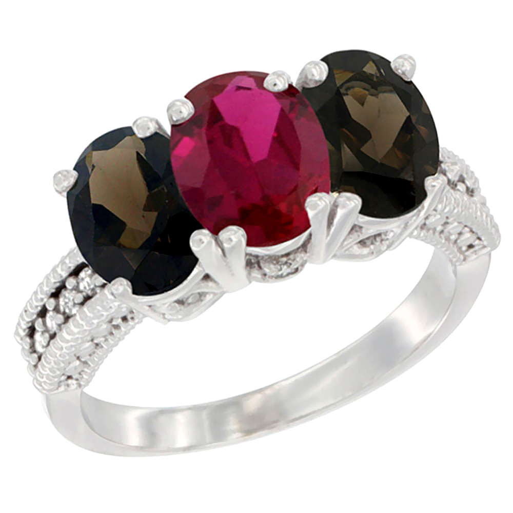 10K White Gold Enhanced Ruby & Natural Smoky Topaz Sides Ring 3-Stone Oval 7x5 mm Diamond Accent, sizes 5 - 10