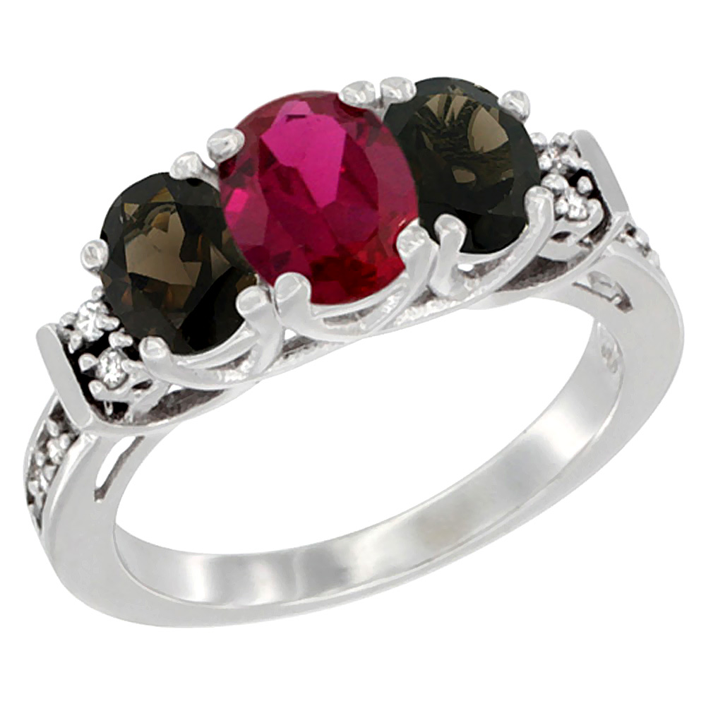 14K White Gold Enhanced Ruby &amp; Natural Smoky Topaz Ring 3-Stone Oval Diamond Accent, sizes 5-10