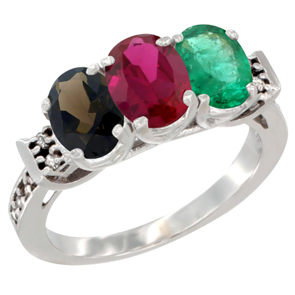 10K White Gold Natural Smoky Topaz, Enhanced Ruby & Natural Emerald Ring 3-Stone Oval 7x5 mm Diamond Accent, sizes 5 - 10