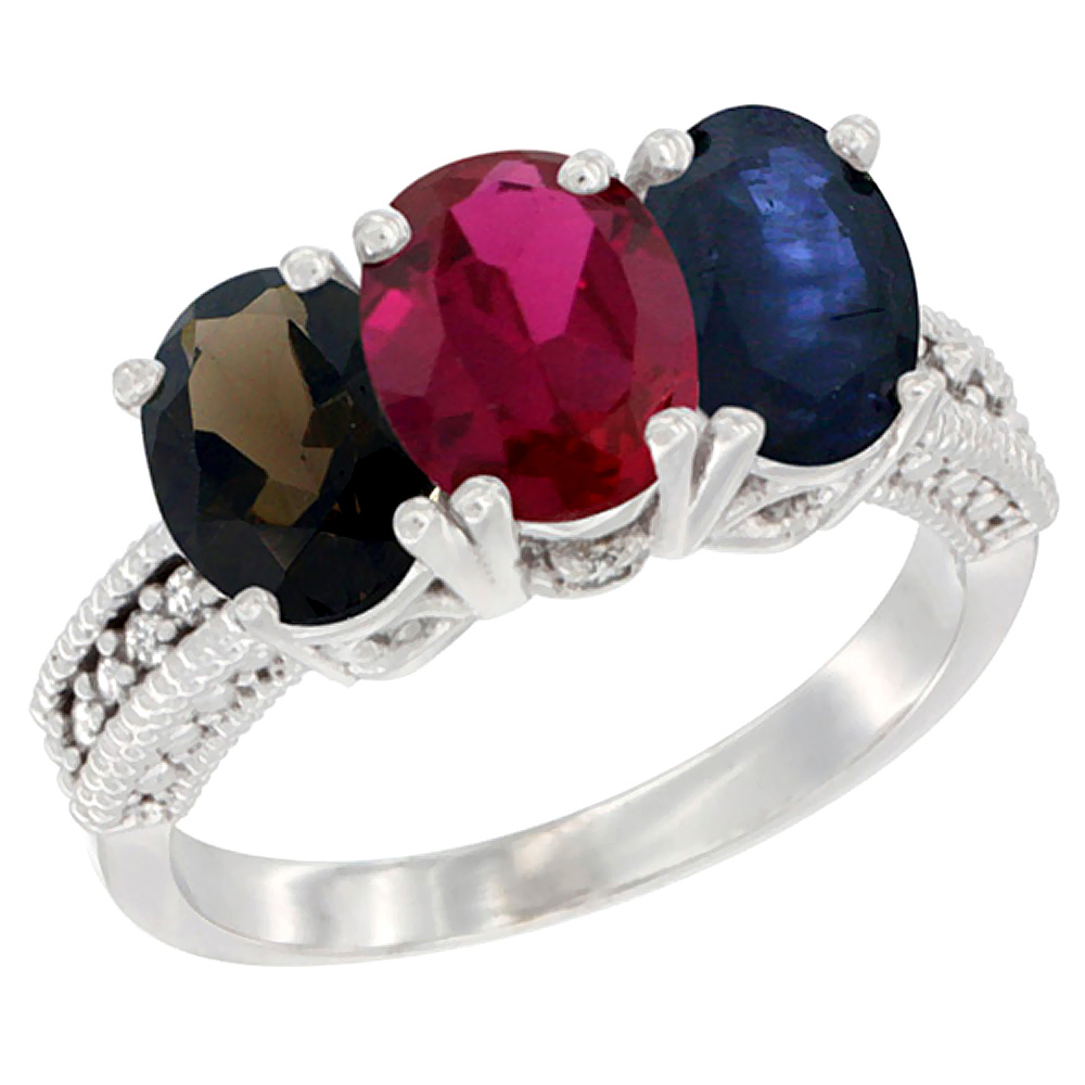 10K White Gold Natural Smoky Topaz, Enhanced Ruby &amp; Natural Blue Sapphire Ring 3-Stone Oval 7x5 mm Diamond Accent, sizes 5 - 10