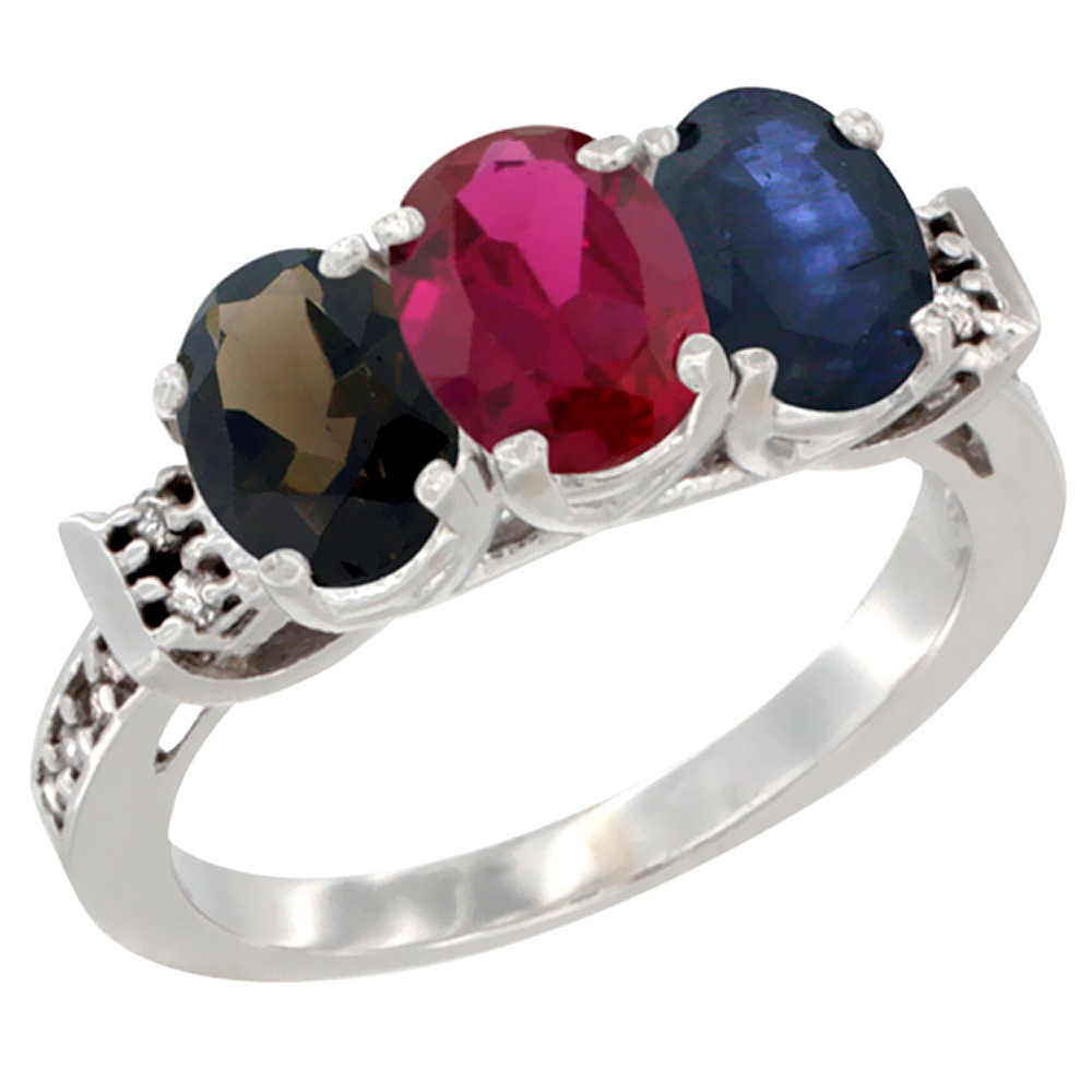 10K White Gold Natural Smoky Topaz, Enhanced Ruby & Natural Blue Sapphire Ring 3-Stone Oval 7x5 mm Diamond Accent, sizes 5 - 10