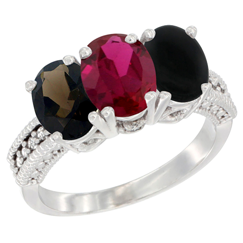 10K White Gold Natural Smoky Topaz, Enhanced Ruby & Natural Black Onyx Ring 3-Stone Oval 7x5 mm Diamond Accent, sizes 5 - 10