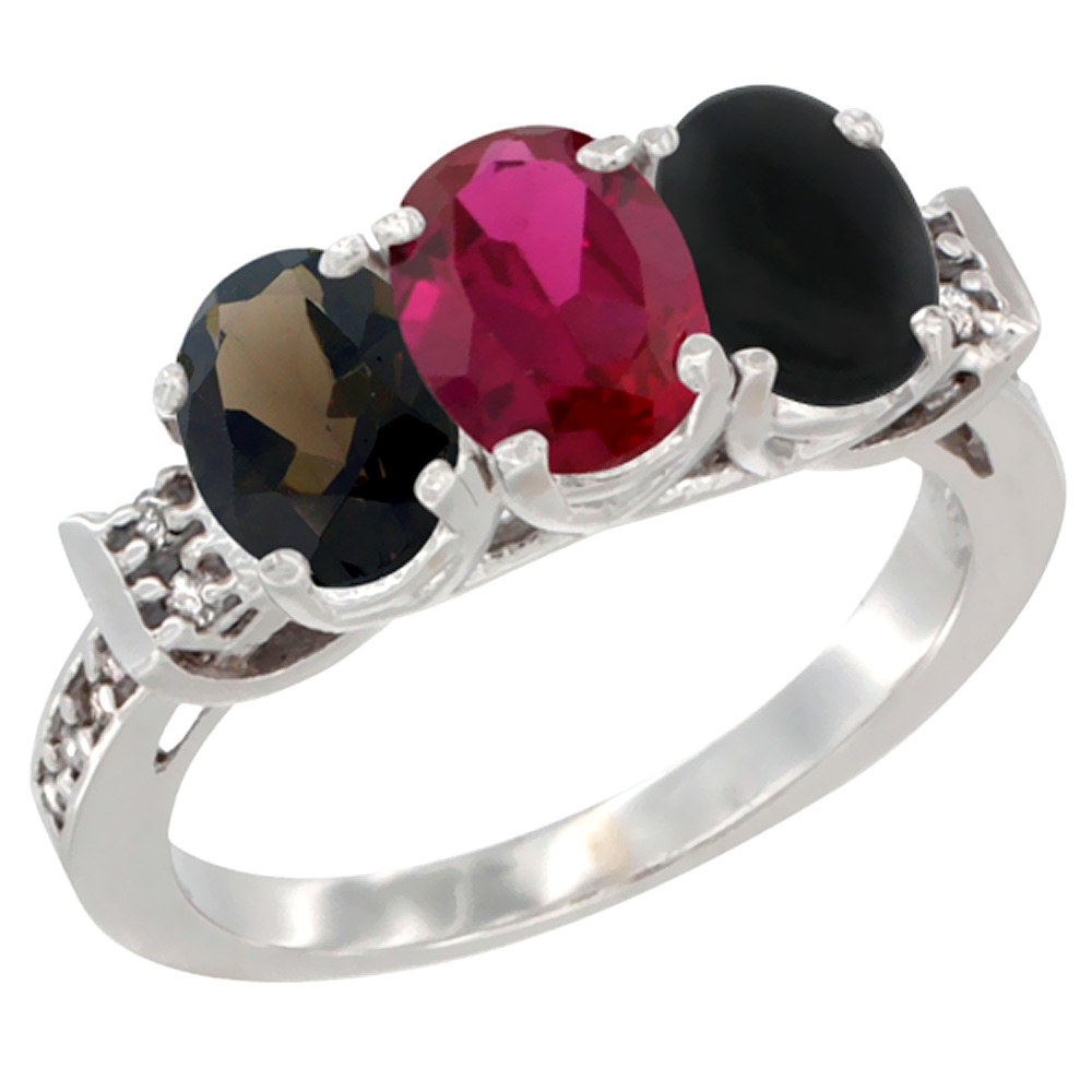 14K White Gold Natural Smoky Topaz, Enhanced Ruby & Natural Black Onyx Ring 3-Stone Oval 7x5 mm Diamond Accent, sizes 5 - 10