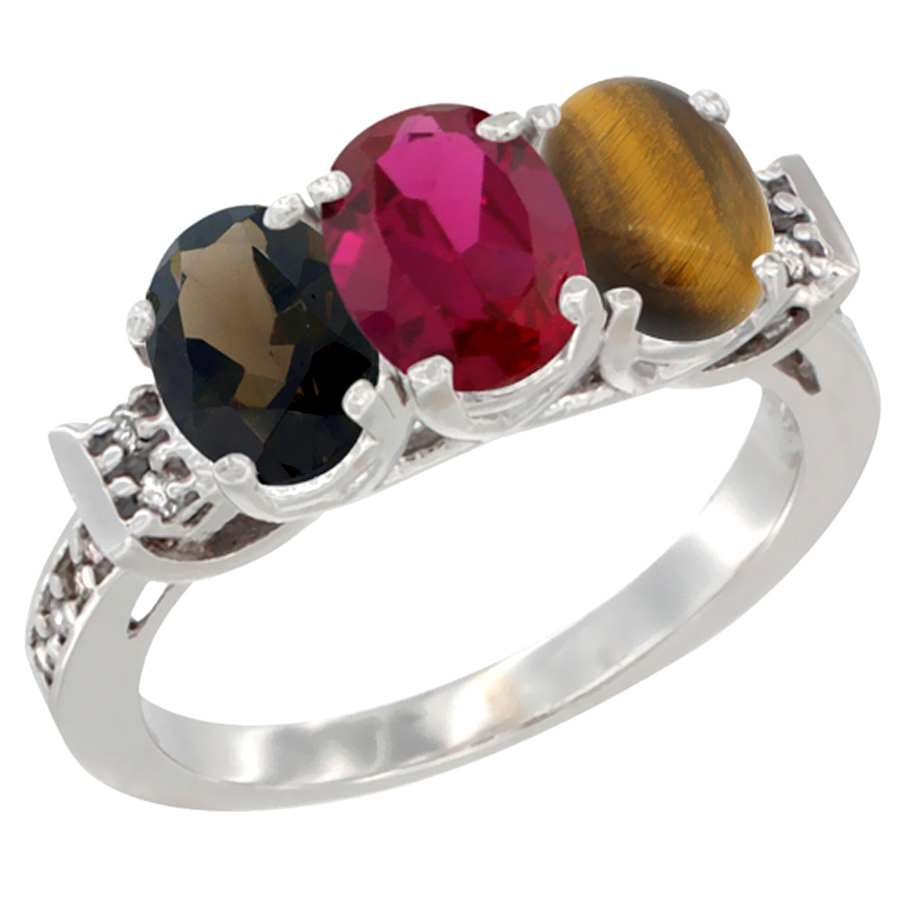 10K White Gold Natural Smoky Topaz, Enhanced Ruby & Natural Tiger Eye Ring 3-Stone Oval 7x5 mm Diamond Accent, sizes 5 - 10