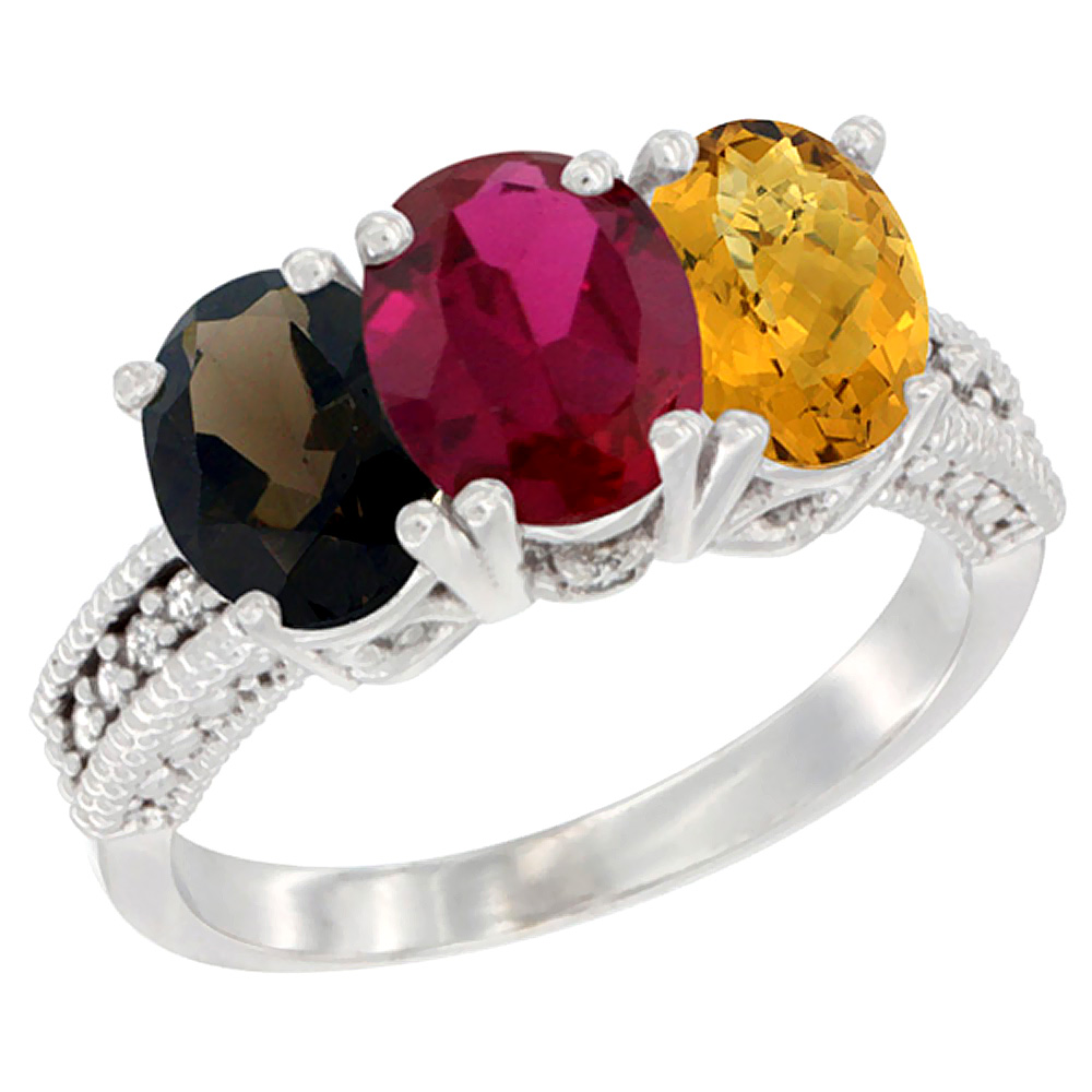 14K White Gold Natural Smoky Topaz, Enhanced Ruby & Natural Whisky Quartz Ring 3-Stone 7x5 mm Oval Diamond Accent, sizes 5 - 10