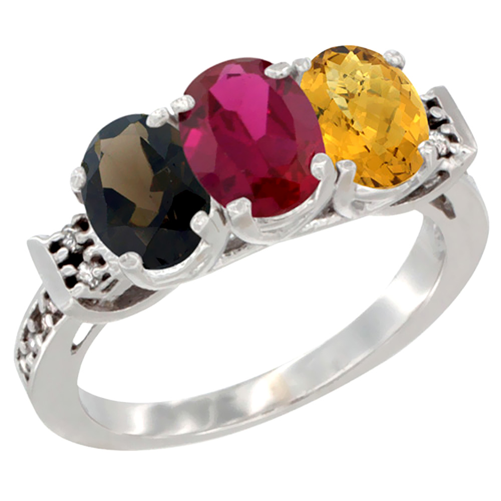 10K White Gold Natural Smoky Topaz, Enhanced Ruby & Natural Whisky Quartz Ring 3-Stone Oval 7x5 mm Diamond Accent, sizes 5 - 10