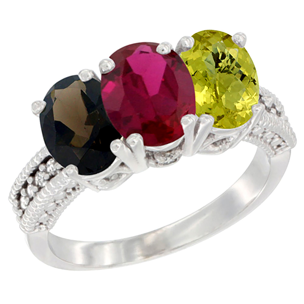 14K White Gold Natural Smoky Topaz, Enhanced Ruby & Natural Lemon Quartz Ring 3-Stone 7x5 mm Oval Diamond Accent, sizes 5 - 10