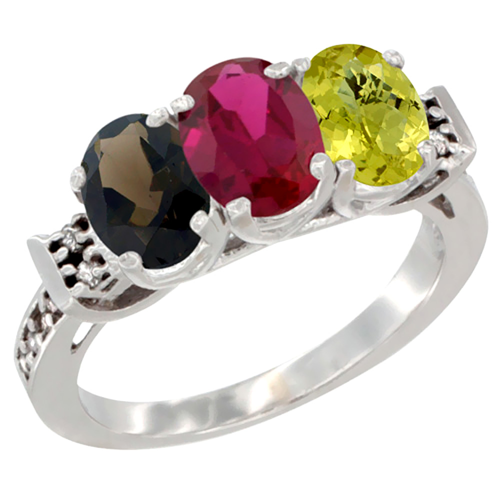 14K White Gold Natural Smoky Topaz, Enhanced Ruby &amp; Natural Lemon Quartz Ring 3-Stone Oval 7x5 mm Diamond Accent, sizes 5 - 10