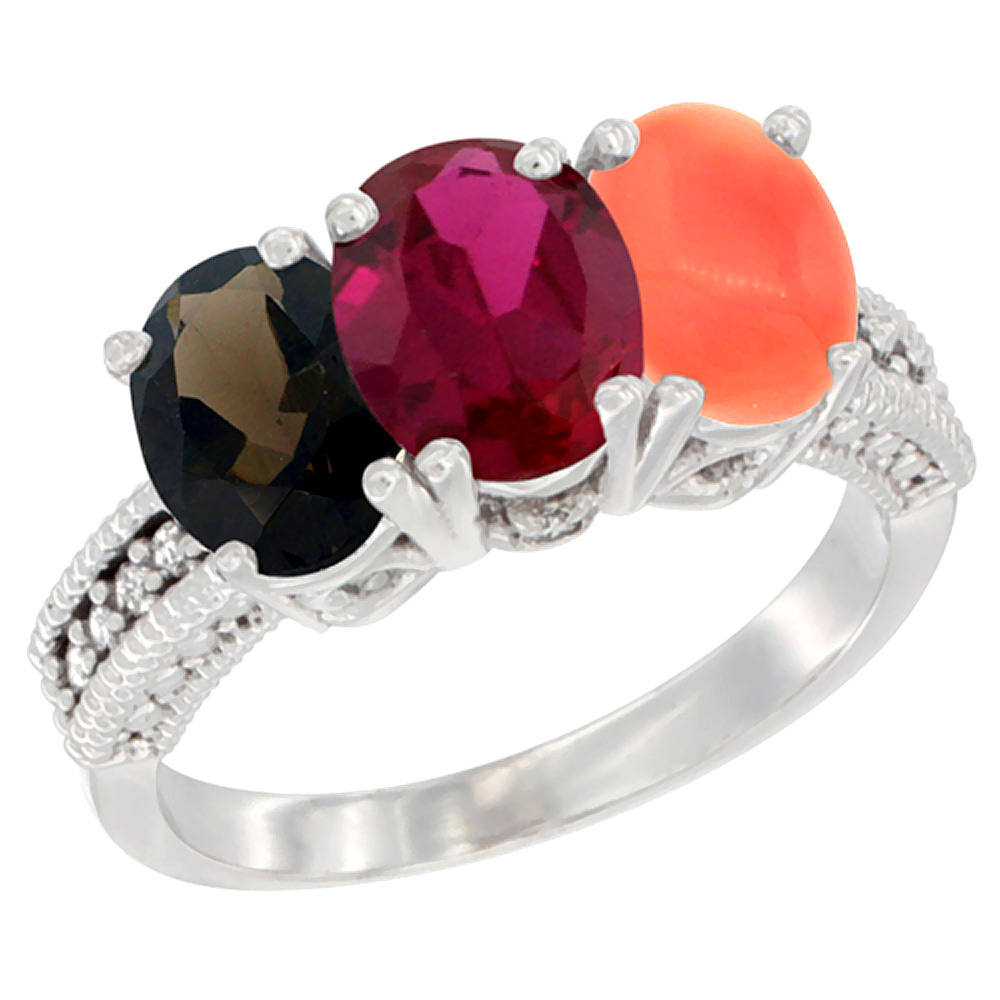 10K White Gold Natural Smoky Topaz, Enhanced Ruby & Natural Coral Ring 3-Stone Oval 7x5 mm Diamond Accent, sizes 5 - 10