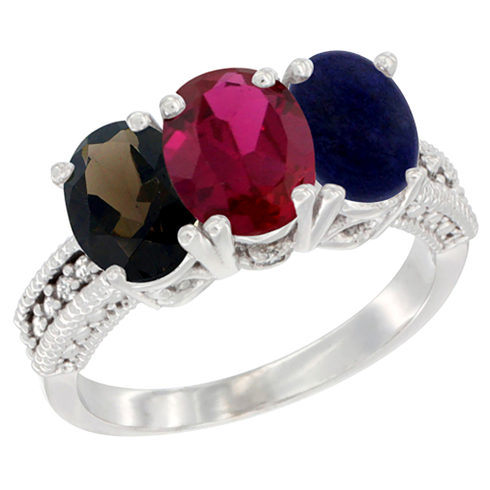 10K White Gold Natural Smoky Topaz, Enhanced Ruby & Natural Lapis Ring 3-Stone Oval 7x5 mm Diamond Accent, sizes 5 - 10