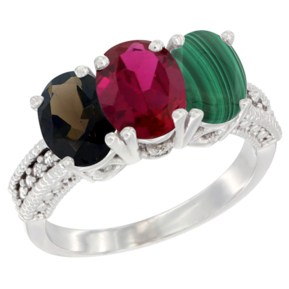 14K White Gold Natural Smoky Topaz, Enhanced Ruby &amp; Natural Malachite Ring 3-Stone 7x5 mm Oval Diamond Accent, sizes 5 - 10