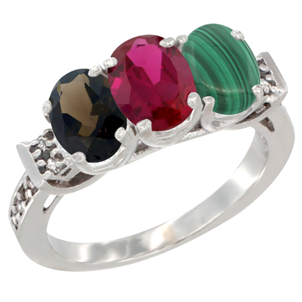 14K White Gold Natural Smoky Topaz, Enhanced Ruby & Natural Malachite Ring 3-Stone Oval 7x5 mm Diamond Accent, sizes 5 - 10