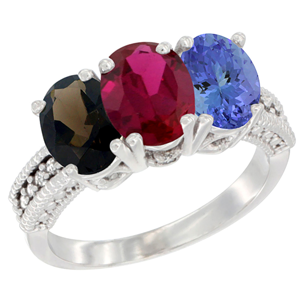 10K White Gold Natural Smoky Topaz, Enhanced Ruby & Natural Tanzanite Ring 3-Stone Oval 7x5 mm Diamond Accent, sizes 5 - 10