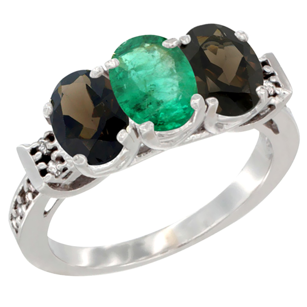 10K White Gold Natural Emerald & Smoky Topaz Sides Ring 3-Stone Oval 7x5 mm Diamond Accent, sizes 5 - 10