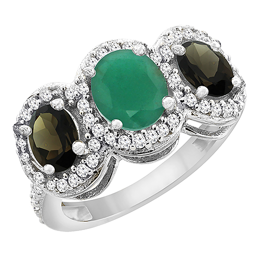 10K White Gold Natural Quality Emerald & Smoky Topaz 3-stone Mothers Ring Oval Diamond Accent, size5 - 10