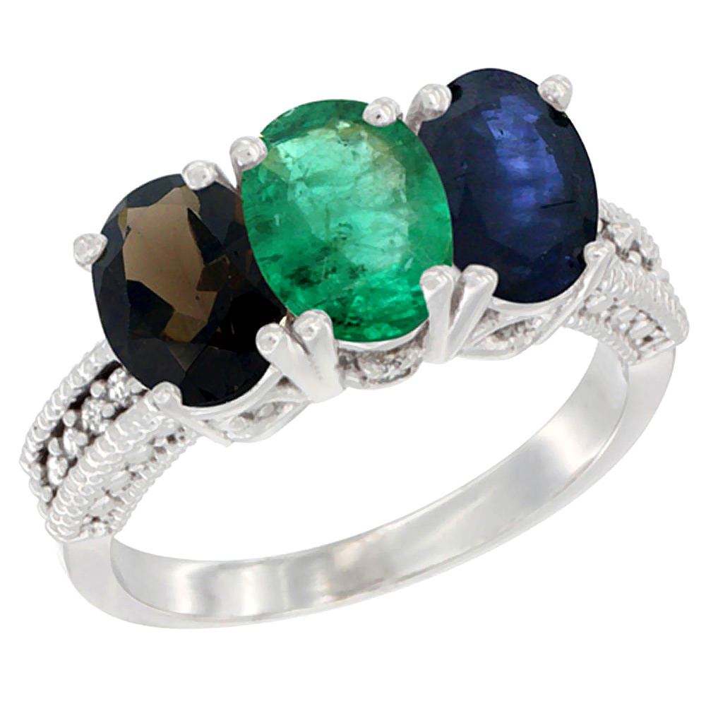 10K White Gold Natural Smoky Topaz, Emerald & Blue Sapphire Ring 3-Stone Oval 7x5 mm Diamond Accent, sizes 5 - 10