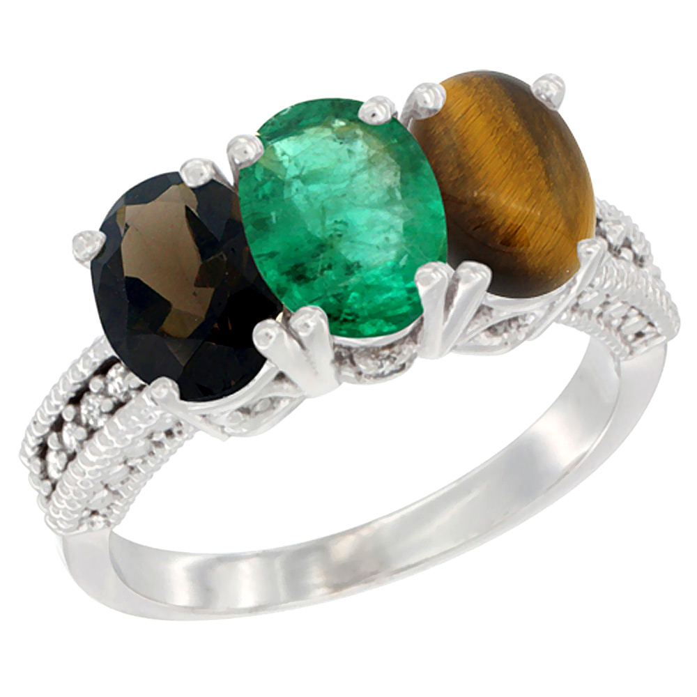 10K White Gold Natural Smoky Topaz, Emerald & Tiger Eye Ring 3-Stone Oval 7x5 mm Diamond Accent, sizes 5 - 10