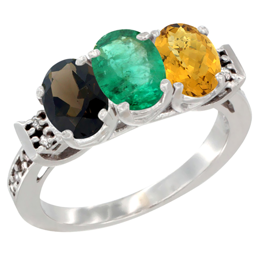 14K White Gold Natural Smoky Topaz, Emerald & Whisky Quartz Ring 3-Stone Oval 7x5 mm Diamond Accent, sizes 5 - 10