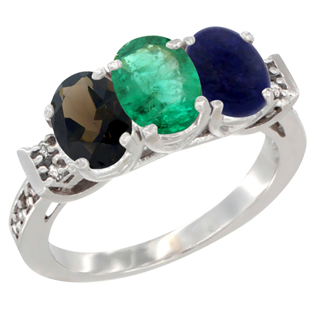 10K White Gold Natural Smoky Topaz, Emerald & Lapis Ring 3-Stone Oval 7x5 mm Diamond Accent, sizes 5 - 10