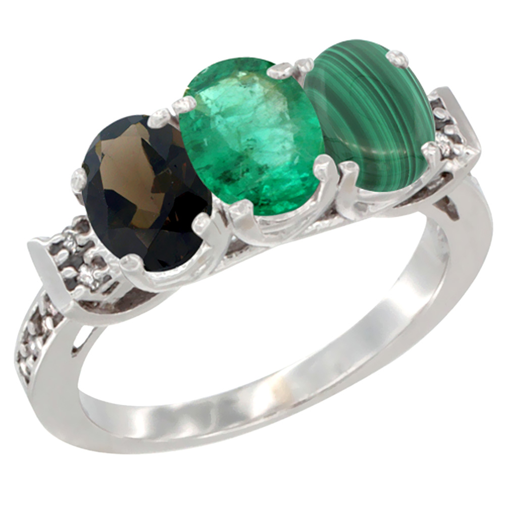 10K White Gold Natural Smoky Topaz, Emerald &amp; Malachite Ring 3-Stone Oval 7x5 mm Diamond Accent, sizes 5 - 10