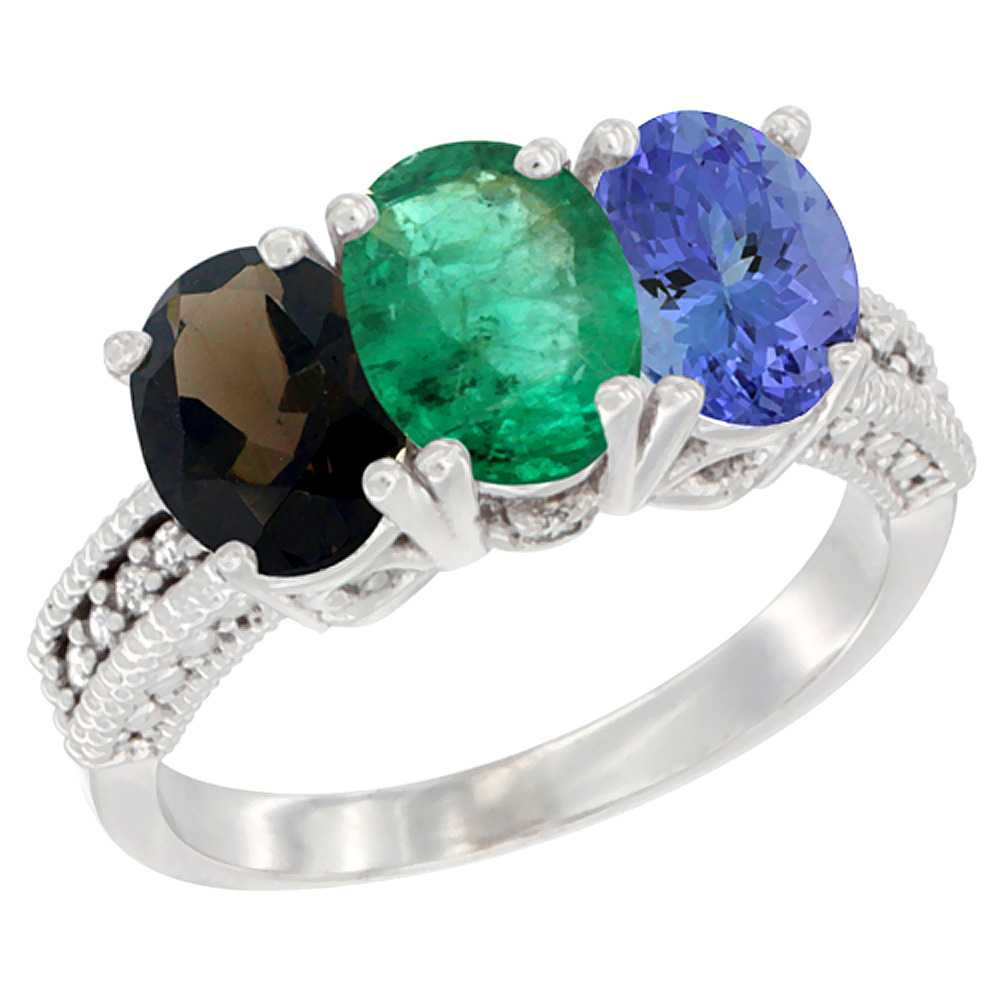 14K White Gold Natural Smoky Topaz, Emerald & Tanzanite Ring 3-Stone 7x5 mm Oval Diamond Accent, sizes 5 - 10