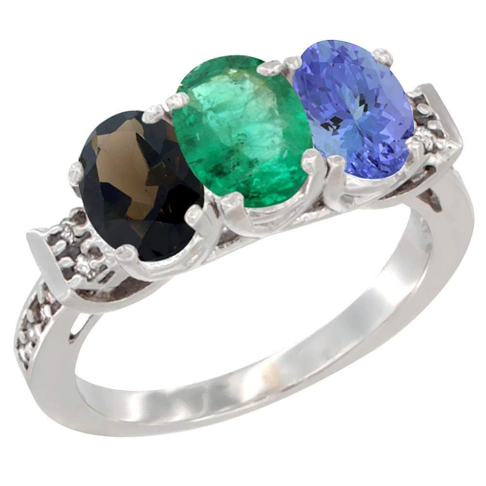 10K White Gold Natural Smoky Topaz, Emerald & Tanzanite Ring 3-Stone Oval 7x5 mm Diamond Accent, sizes 5 - 10