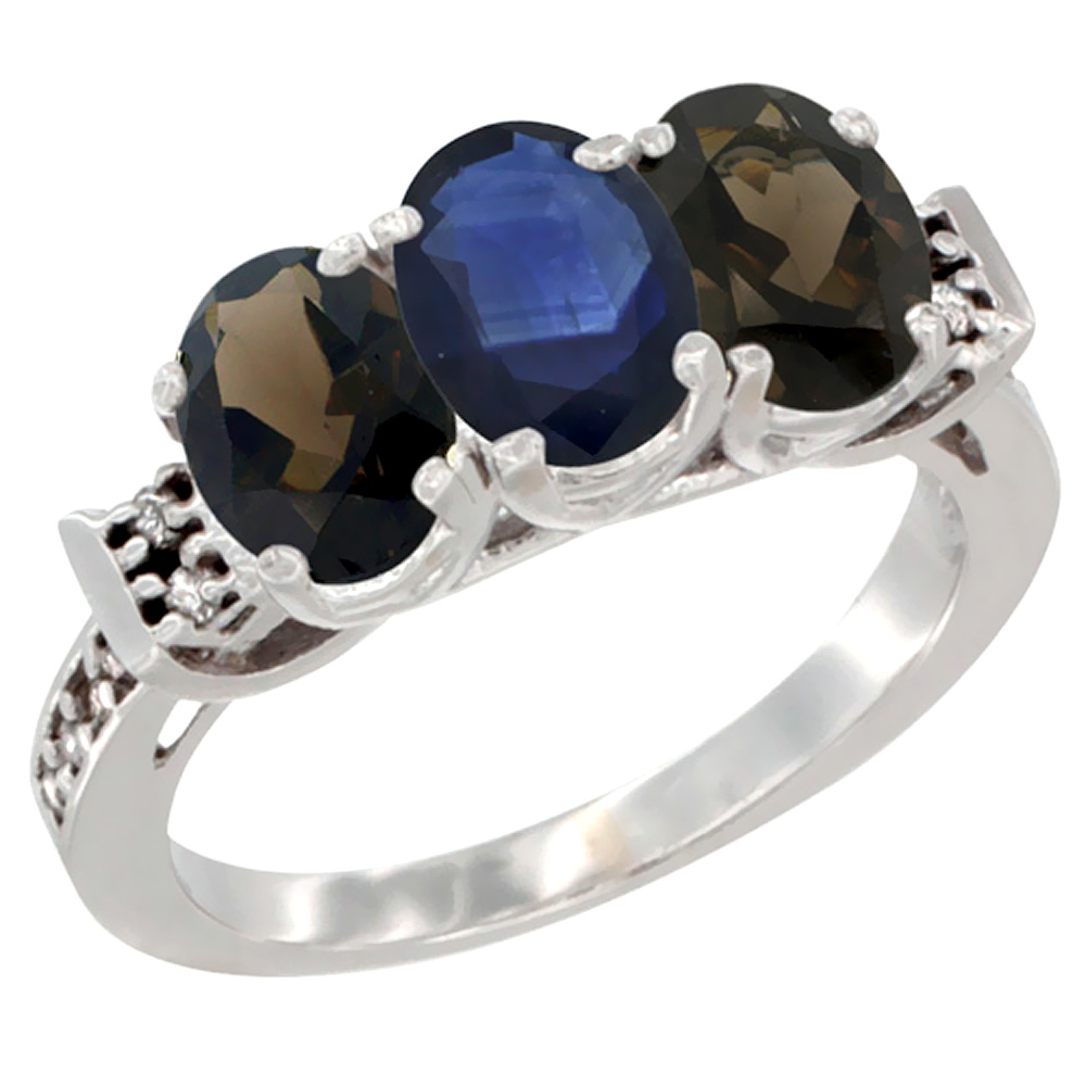14K White Gold Natural Blue Sapphire &amp; Smoky Topaz Sides Ring 3-Stone Oval 7x5 mm Diamond Accent, sizes 5 - 10