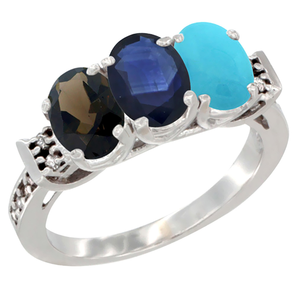 10K White Gold Natural Smoky Topaz, Blue Sapphire & Turquoise Ring 3-Stone Oval 7x5 mm Diamond Accent, sizes 5 - 10