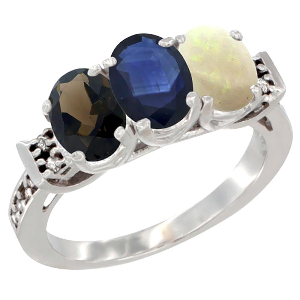 10K White Gold Natural Smoky Topaz, Blue Sapphire & Opal Ring 3-Stone Oval 7x5 mm Diamond Accent, sizes 5 - 10