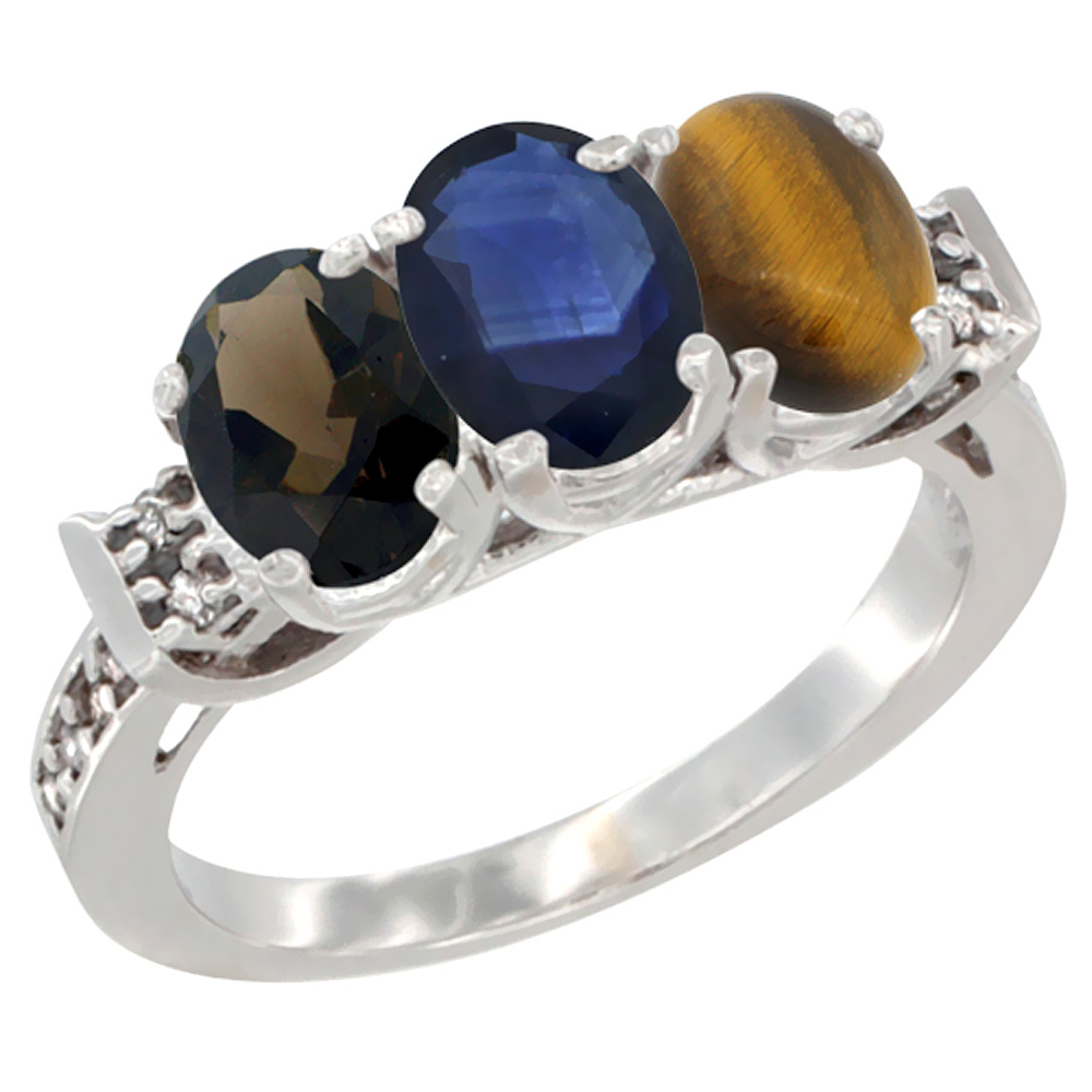 10K White Gold Natural Smoky Topaz, Blue Sapphire & Tiger Eye Ring 3-Stone Oval 7x5 mm Diamond Accent, sizes 5 - 10