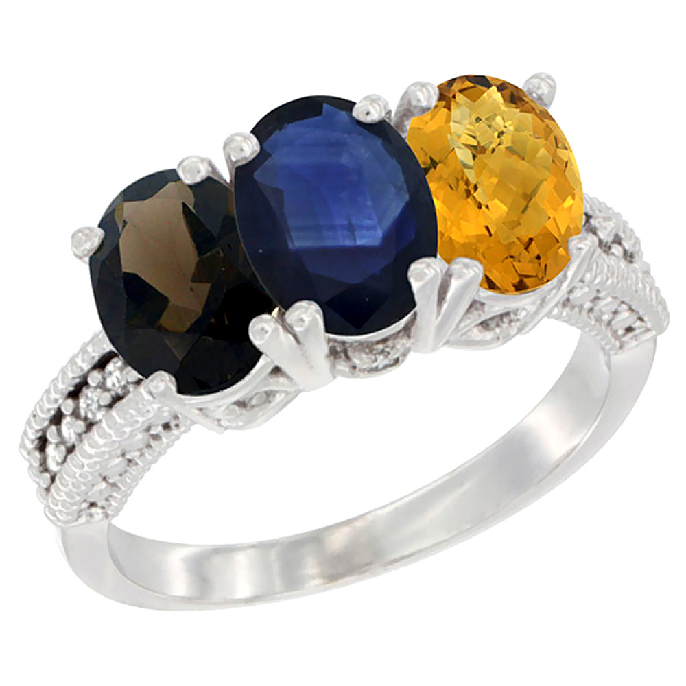 14K White Gold Natural Smoky Topaz, Blue Sapphire &amp; Whisky Quartz Ring 3-Stone 7x5 mm Oval Diamond Accent, sizes 5 - 10
