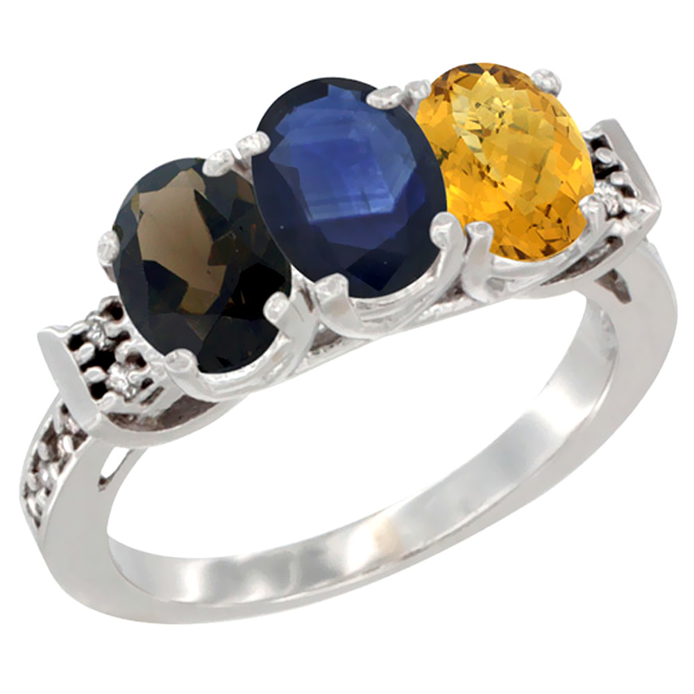 14K White Gold Natural Smoky Topaz, Blue Sapphire & Whisky Quartz Ring 3-Stone Oval 7x5 mm Diamond Accent, sizes 5 - 10